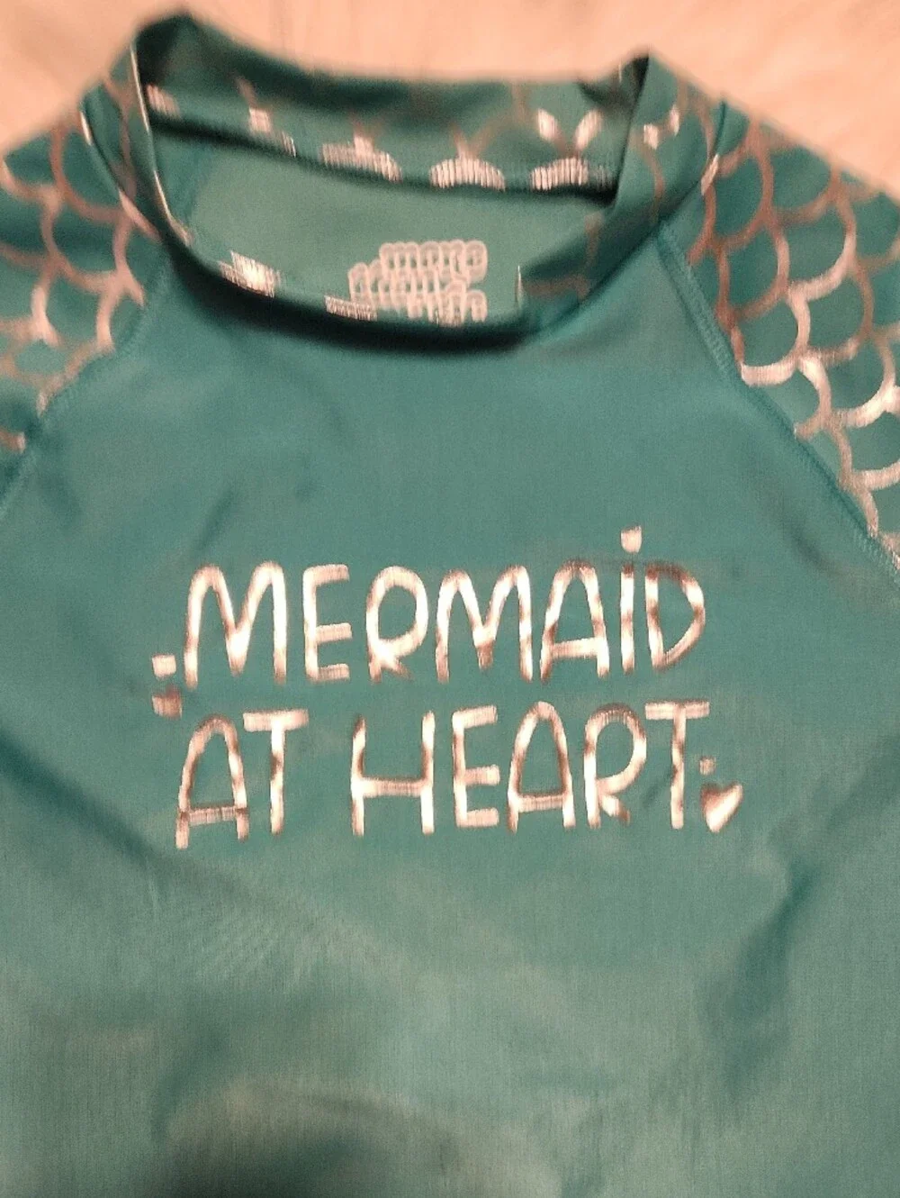 Mermaid At Heart Teal Rash Guard Top - Girls Size 10-12 - Like New